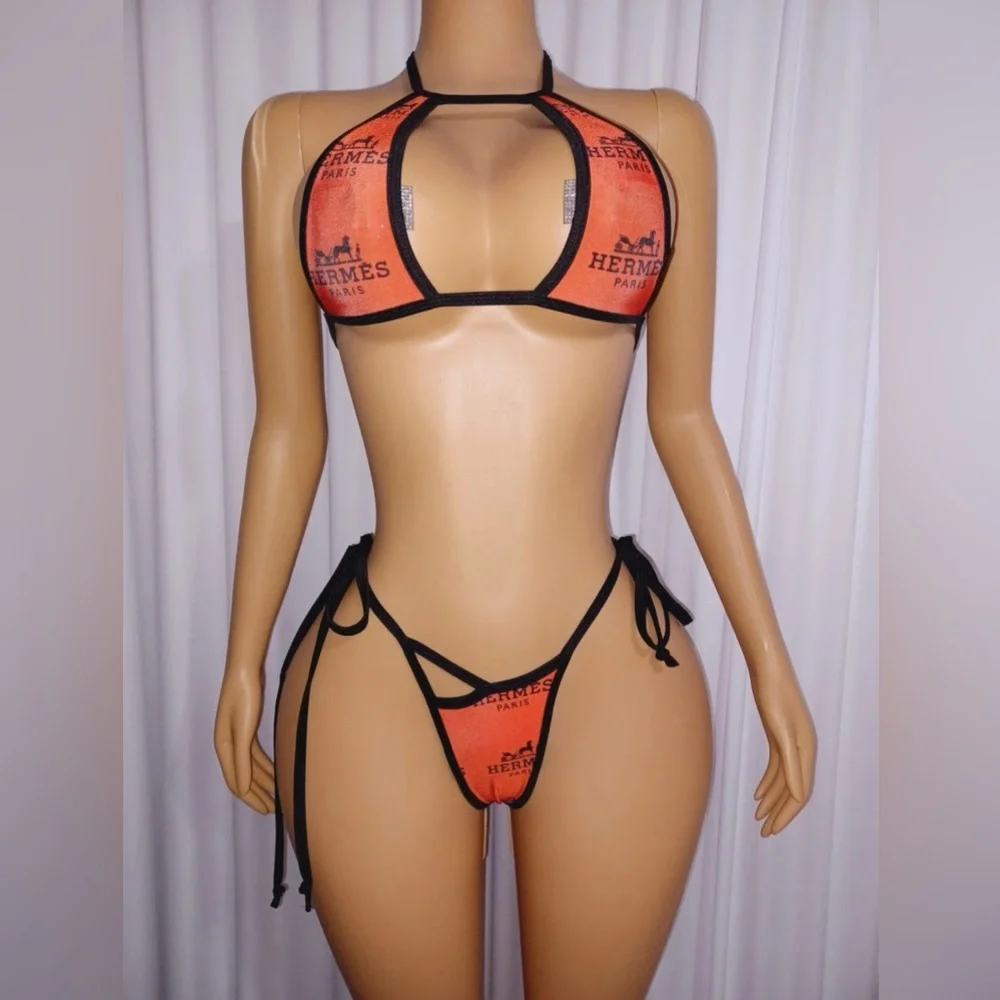 NWOT Handmade Orange Semi Opaque Tri-Top Y-String Thong Bottom Dancewear Bikini - Picture 2 of 5